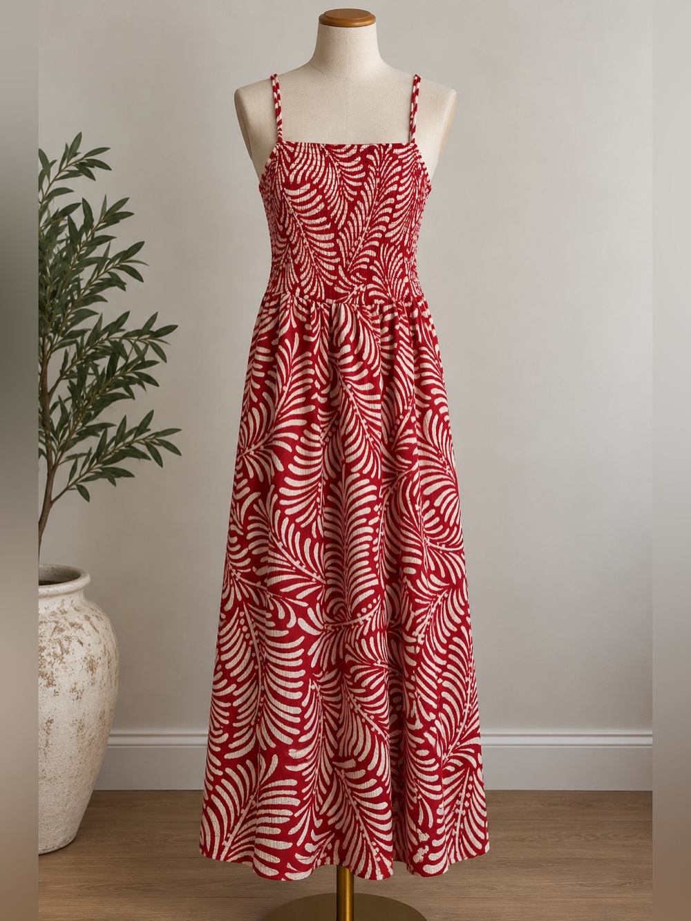 H&M Red and White Printed Maxi Dress with Spaghetti Straps